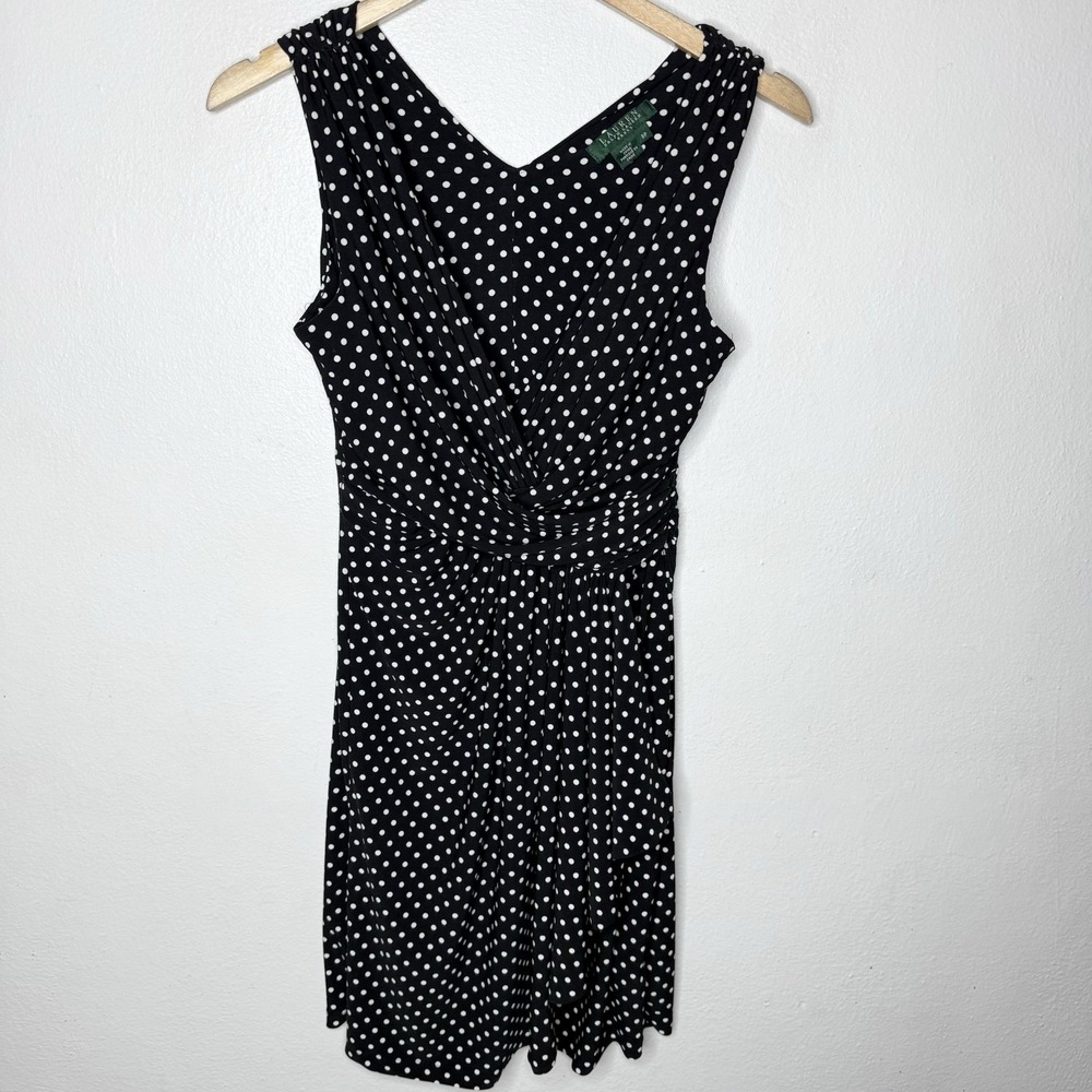 Lauren Ralph Lauren Black White Polka Dot V-neck‎ Dress Women's 8P Sleeveless